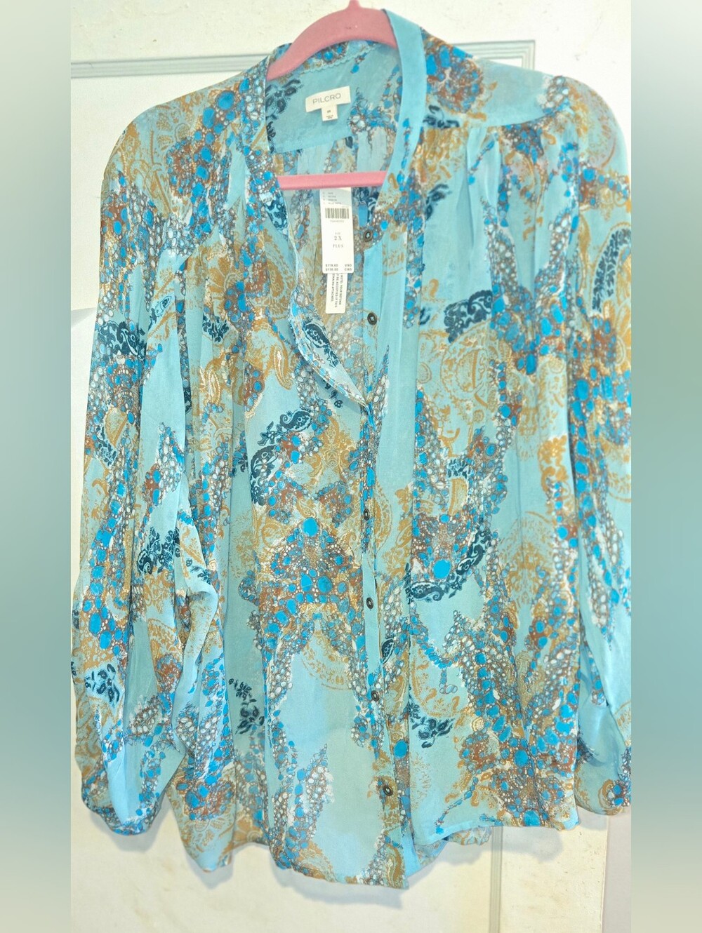 Anthropologie Light Blue  Abstract Mix Print Blouse - 2X.  NWT